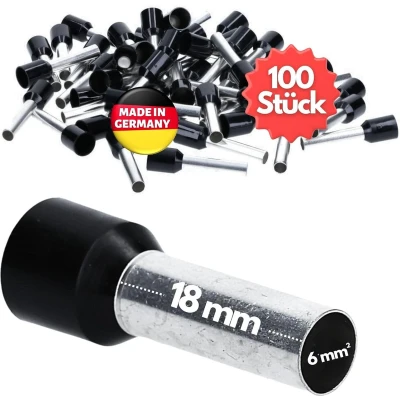 Afbeelding van 100 stuks Kalitec AE618SW adereindhulzen geïsoleerd 6,0 mm² 18 mm lang zwart I Made in Germany Industriële kwaliteit