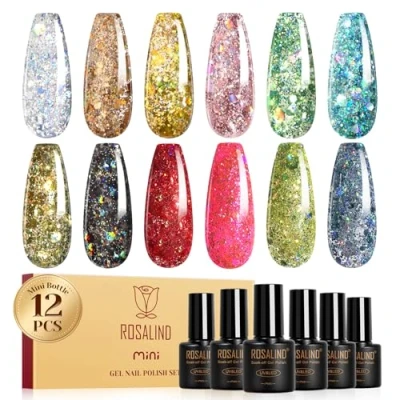 Afbeelding van ROSALIND semi permanente nagellak, glitter, 12 kleuren, zilver, bruin, goud, roze, groen, blauw, rood, gelnagellak, soak off, mini, UV/LED, glanzend, permanent, manicure