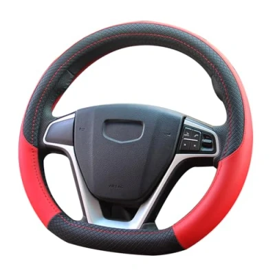 Afbeelding van Pahajim Stuurhoes voor auto, D vorm, stuurbescherming van PU leer, 37 38 cm, platte bodem, antislip, stuurhoes, stuurbescherming, dames en heren