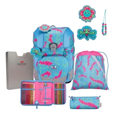 Afbeelding van DerDieDas Schooltas ErgoFlex Tiny Schulranzenset 5 delig Happy Pixel Lichtblauw