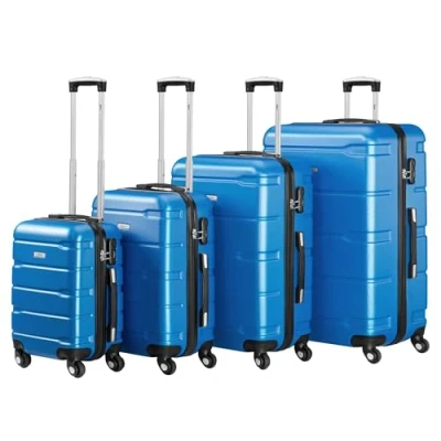 Afbeelding van Zelsius Bagageset van 4 stuks, harde schaal, ABS, met cijferslot, wielen en binnenwand, handbagagekoffers, trolley, grote koffers, bagageset, Blauw, delig