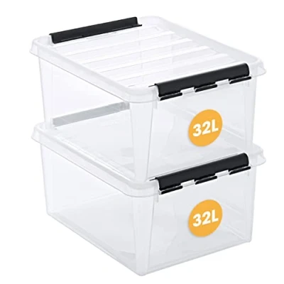 Afbeelding van SmartStore Opbergdoos, set van 2 opbergdozen kunststof, 32 l, kunststof bak met deksel, afsluitbaar, stapelbaar en in elkaar te steken, BPA vrij, 50 x 39 26 cm