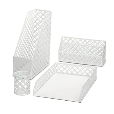 Afbeelding van Organizer 4 delig kantoorset/tafelblad metalen gaas Inclusief: A4 brievenbak x 1, tijdschriftenrek brievenhouder x1, pennenhouder 1 wit