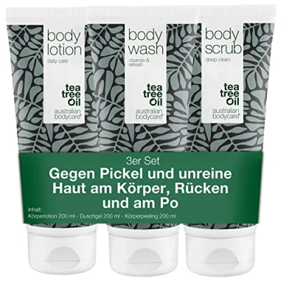 Afbeelding van Australian Bodycare Body Treatment 3 producten tegen puistjes, een onzuivere huid en meeeters op de rug billen gebaseerd Tea Tree Olie Bevat douchegel peeling om je te reinigen bodylotion hydrateren verzorgen