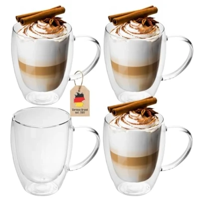 Afbeelding van Intirilife 4x dubbelwandig thermoglas set in 300 400ml koffiemok thermoglazen mondgeblazen geïsoleerd latte macchiato theeglas koffieglas met handvat