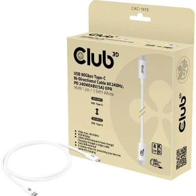 Afbeelding van Club 3D USB 80GBPS CERTIFIED 240W 4K540HZ TYPE C 1.2M / 3.94FT WHITE CABLE