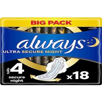Afbeelding van Always Ultra maandverband, maat 4, Secure Night, 18 handdoeken met vleugels, overvloedige nachtstroom, maximaal comfort, super absorberend en ultradun