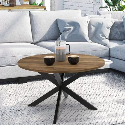Image de Table basse ronde HAWKINS pied araignée 70 cm bois foncé design industriel