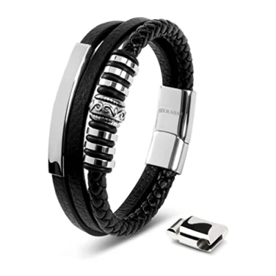 Afbeelding van SERASAR Hoogwaardige leren armband voor heren, magnetische sluiting van roestvrij staal in zwart, zilver en goud, inclusief sieradendoosje, leuk cadeau idee, Leer, Geen edelsteen