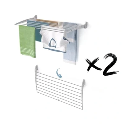 Afbeelding van foxydry Fold Droogrek voor aan de muur, uittrekbaar, verticaal, opvouwbaar, binnen en buiten, van aluminium staal, 102 x 50 cm (grijs neerwaartse sluiting, 2 laags, 100)