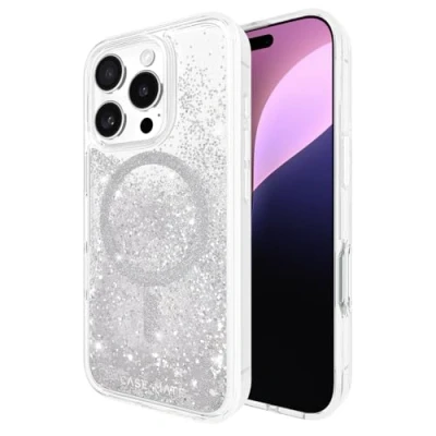 Afbeelding van Case Mate Waterfall Silver geschikt voor iPhone 16 Pro Hoesje compatible met MagSafe Glinsterende Waterval Telefoonhoesje 3 meter valbescherming