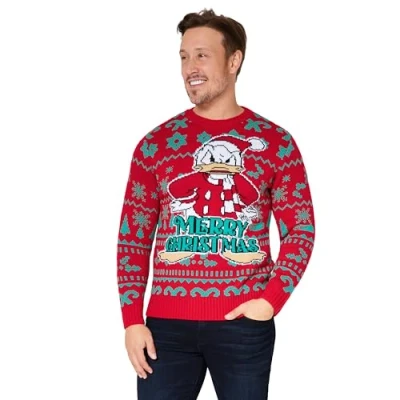 Afbeelding van Disney Kersttrui voor heren, grappige trui, familie, koppels, volwassenen, jongeren, M XXL, officiële trui Donald Grinky, rood