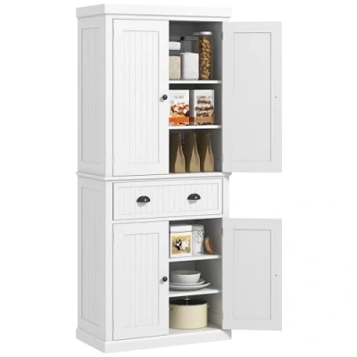 Afbeelding van HOMCOM Keukenkast, dressoir, keuken, servies, meerdere vakken, verstelbare planken, 4 deuren en grote lade, 76 x 40 183 cm, wit