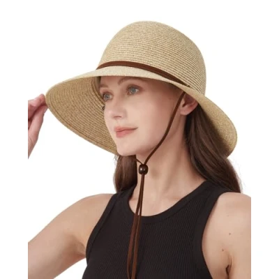 Afbeelding van Zylioo Grote Hoofden Kinband Stro Hoeden Zonnescherm Zomer Strandhoed UV Panama Vakantie Hoed, Strap Mix Beige, XL, XL