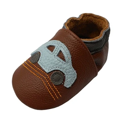 Afbeelding van YALION Pantoffels van zacht leer, voor baby&#039;s, meisjes en jongens, antislip, eerste stapjes kinderen, Auto Braun P1