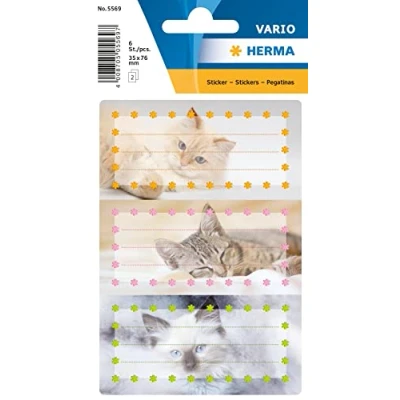 Image de HERMA 5569 Étiquettes de livre pour lettrage chat (76 x 35 mm, 6 autocollants nominatifs, papier pailleté) auto adhésives livres, cahiers, boîtes, ménage, coloré