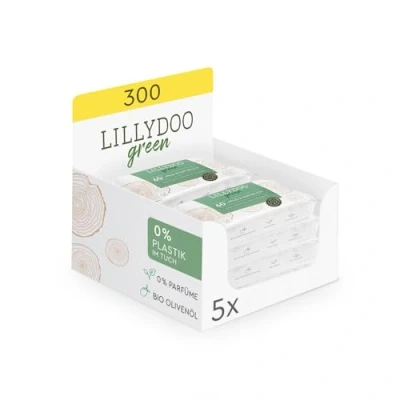 Afbeelding van LILLYDOO Green 5 verpakkingen van 60 natuurlijke vochtige doekjes (300 doekjes), 100% plasticvrije en geurvrije stof (FSC Mix)