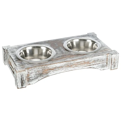 Afbeelding van Trixie voerbak / drinkbak set rvs hout wit 2X200 ML 30X16X5 CM