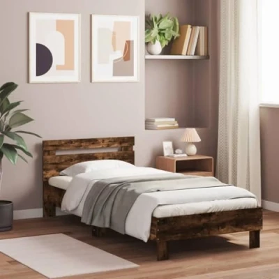 Afbeelding van Bedframe met hoofdbord en LED gerookt eikenkleurig 90x200 cm