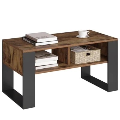 Afbeelding van WOLTU BTS16hov Woonkamertafel met 2 open vakken, salontafel, zijtafel voor woonkamer, slaapkamer, hout, rustiek bruin + zwart, 90 x 45 cm