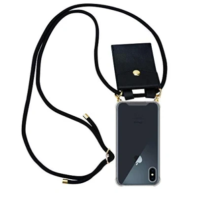 Afbeelding van Cadorabo Hoesje geschikt voor Apple iPhone XS MAX in ZWART Silicone Mobiele telefoon ketting beschermhoes met gouden ringen, koordriem en afneembare etui