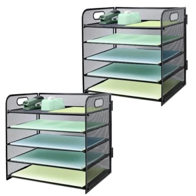 Afbeelding van Set van 2 brievenbakjes met handvat, 5 traps metalen mesh bureau bestandsorganizer, archiefplateaus voor A4 papier, tijdschriftenhouder, aktetas kantoor