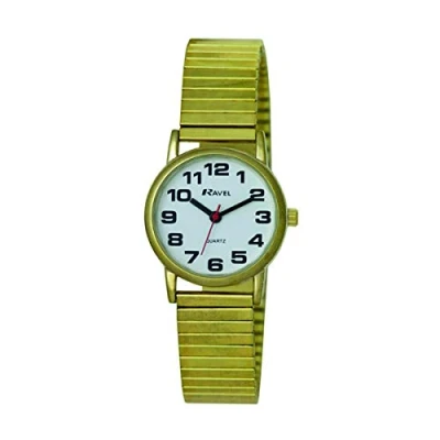 Afbeelding van Ravel Uniseks horloge met uittrekbare armband van roestvrij staal grote cijfers kwarts analoog R0208, Goud/Wit,