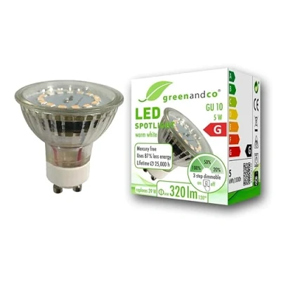 Afbeelding van greenandco® CRI 90+ led spot, dimbaar, GU10, 5 W, komt overeen met 39 320 lm, 3000 K, warmwit, 110 graden, 230 V, geen flikkeren, dimbaar zonder dimmer