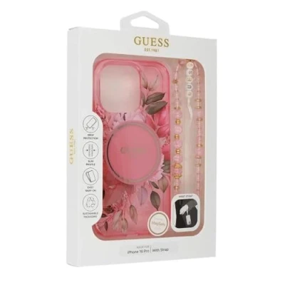 Afbeelding van Guess Hoesje Geschikt voor iPhone 16 Pro Met Koord MagSafe IML Case Flowers with beads strap roze