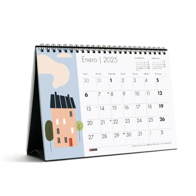 Afbeelding van Miquelrius Bureaukalender 2025, A5 kalender 210 x 148,5 mm, met ruimte voor notities, dubbele spiraalbinding, Spaans, roze pioenroos, vazen