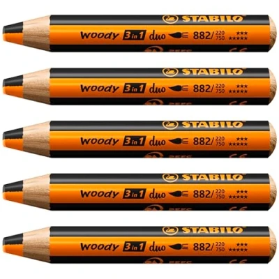 Afbeelding van STABILO woody Duo kleurpotloden, aquarel en waskrijt, 3 in 1, duo, tweekleurige vulling, oranje/zwart, 5 stuks