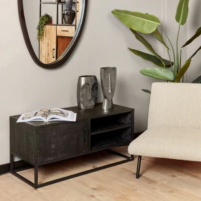 Afbeelding van zwart mangohouten tv meubel Milan 100 cm kast industrieel