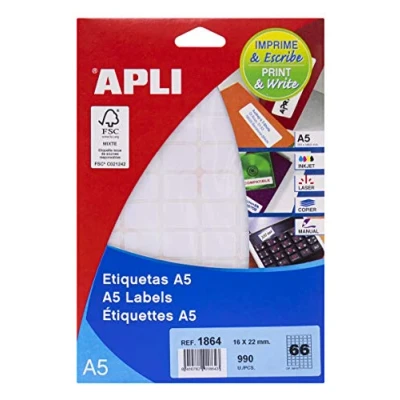 Afbeelding van Apli witte etiketten Print &amp; Write ft 16 x 22 mm (b h), 990 stuks, 66 per blad (1864) etiket