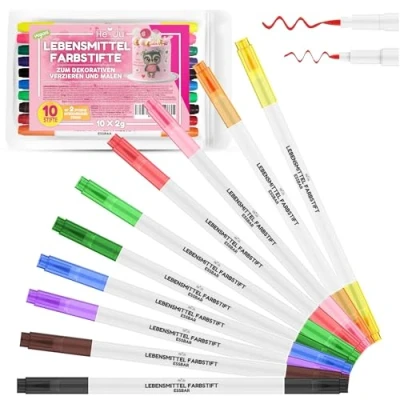 Image de He Ju Lot de 10 crayons alimentaires, comestibles, sans E171, végétaliens, gluten, en couleurs arc ciel, avec 2 pointes, pour peindre et écrire sur des gâteaux, etc.