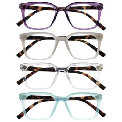 Afbeelding van OPULIZE KOI Leesbril, 4 stuks, groot rechthoekig frame, paars lichtgrijs/aqua, heren en dames, veerscharnieren, RRRR50 57CQ +2.50