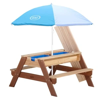 Afbeelding van AXI Nick Zand &amp; Water Picknicktafel in Bruin Met hoogte verstelbare Parasol Blauw/Wit Multifunctionele Picknick tafel van FSC hout voor kinderen