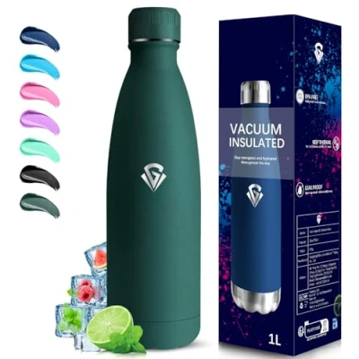 Image de Grsta 1 liter thermosfles, BPA vrij, roestvrijstalen fles, lekvrij, metalen vacuüm geïsoleerd, thermosflessen voor kamperen, wandelen, fitness, zwart
