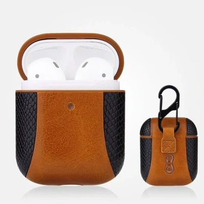 Afbeelding van AirPods 1/2 hoesje PU Leer Flip over Zwart /bruin