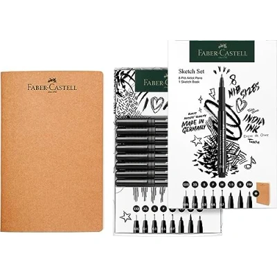 Afbeelding van Tekenset Faber Castell 8x pitt artist pen zwart incl. schetsboek 140gr