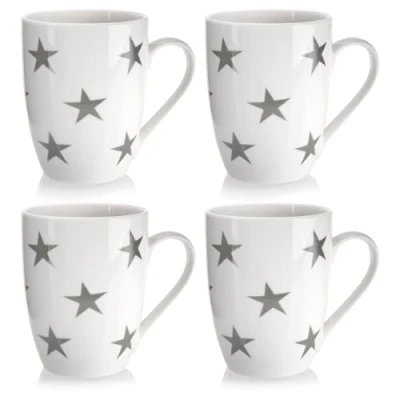 Afbeelding van COM FOUR® 4 x keramische Koffiekopjes in modern design Koffiezetapparaat voor koude en warme dranken Witte beker met handvat sterren 300 ml (Sterren ml)