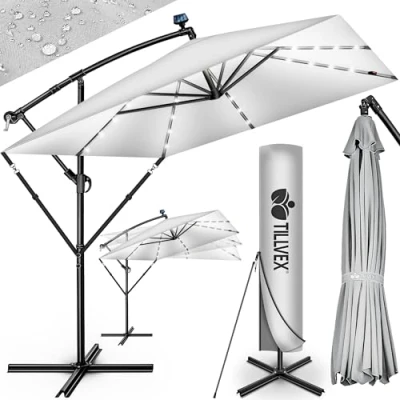 Afbeelding van tillvex Rechthoekige zweefparasol Ø 330 cm + beschermhoes en windscherm Vierkante crankparasol met standaard Tuinparasol voor buiten, uv bescherming, van aluminium, Bruin LED