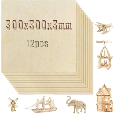 Afbeelding van MIVIDE 12 stuks multiplex 3 mm, 300 x mm ruwe houten plaat, plank, knutselen, voor doe het zelf, lasersnijden, schilderen, graveren