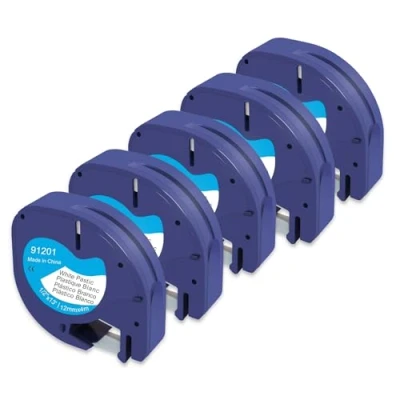 Afbeelding van Molabel Letratag labeltape, 5 stuks, compatibel met Dymo 91221, S0721610, 91201, 12 mm x 4 m, voor labelprinters LT 100H, LT110T, 100T, zwart op wit