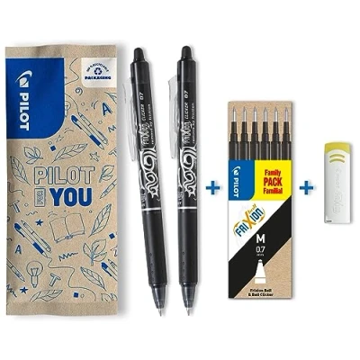 Afbeelding van Pilot Frixion Ball Clicker, 2 stuks, 1 set met 6 vullingen + gum, afwasbare rollerball thermo gevoelige, navulbare en ergonomische rollerbalpen, zwart, middelgrote punt