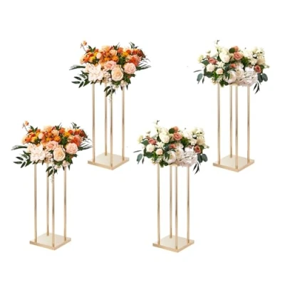 Afbeelding van VEVOR 4 stuks gouden metalen zuil bruiloftsbloemenstandaard, 60 cm hoog met laminaat, geometrische houders voor vazen, cilindrische bloemendisplay ontvangst