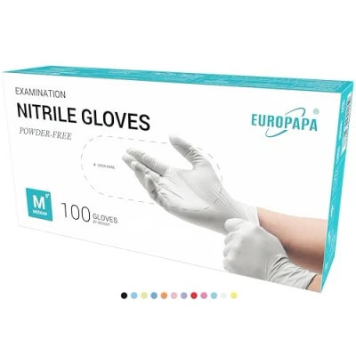 Afbeelding van EUROPAPA® Nitril wegwerphandschoenen, 100 stuks, onderzoekshandschoenen, poedervrij, latexvrij, niet steriel (M, wit)