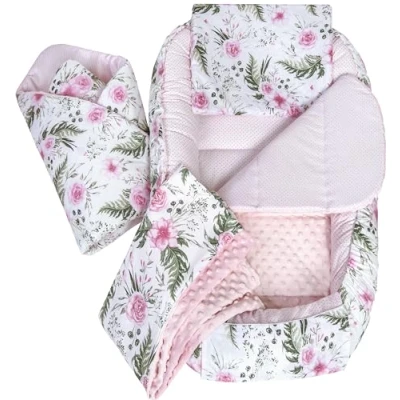 Afbeelding van Medi Partners Babycocon, 5 elementen, 100 x 60 15 cm, 100% katoen, babybedverkleiner, hoofdkussen, deken, afneembaar inzetstuk (bloemen met minky roze)