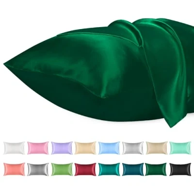 Afbeelding van Lirex Satijnen kussensloop set van 2 effen microvezel zijden kussenslopen voor King Size, met envelopsluiting kreukvrij, zacht, lichtbestendig, ademend (groen, 50 x 75 cm)