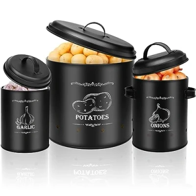 Afbeelding van VORHOT Set van 3 opbergdozen voor aardappelen, uien, knoflook met deksel,