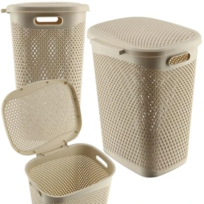 Afbeelding van KADAX wasmand van lichte kunststof, luchtdoorlatend, met deksel, beige